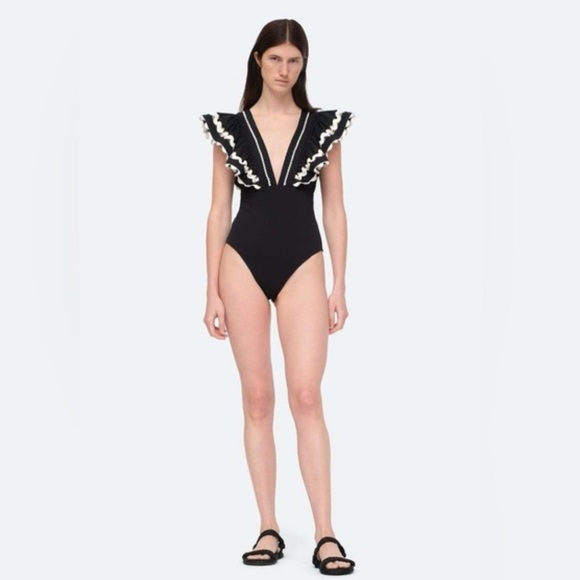 Black Ruffled V-Neck Swimsuit